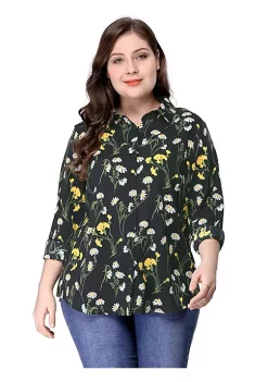 Agnes Orinda Women's Plus Size Casual Tops, Long Sleeve Button Down Floral Shirt -Agnes Orinda Store Belk 1001