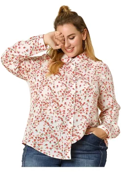 Agnes Orinda Women's Plus Size Casual Tops, Long Sleeve Button Down Floral Shirt -Agnes Orinda Store Belk 1004