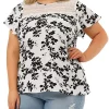 Agnes Orinda Plus Size Top for Women Flared Sleeve Floral Print Lace Panel Casual Blouses Tops