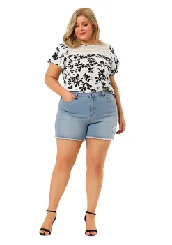 Agnes Orinda Plus Size Top for Women Flared Sleeve Floral Print Lace Panel Casual Blouses Tops -Agnes Orinda Store Belk 1016