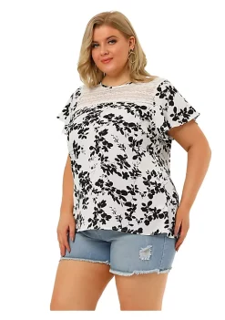 Agnes Orinda Plus Size Top for Women Flared Sleeve Floral Print Lace Panel Casual Blouses Tops -Agnes Orinda Store Belk 1017