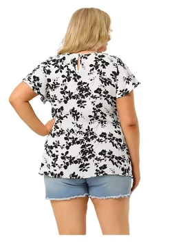 Agnes Orinda Plus Size Top for Women Flared Sleeve Floral Print Lace Panel Casual Blouses Tops -Agnes Orinda Store Belk 1018