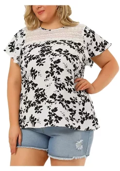 Agnes Orinda Plus Size Top for Women Flared Sleeve Floral Print Lace Panel Casual Blouses Tops -Agnes Orinda Store Belk 1019