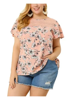 Agnes Orinda Plus Size Top for Women Flared Sleeve Floral Print Lace Panel Casual Blouses Tops -Agnes Orinda Store Belk 1020