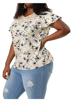 Agnes Orinda Plus Size Top for Women Flared Sleeve Floral Print Lace Panel Casual Blouses Tops -Agnes Orinda Store Belk 1021