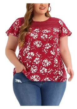 Agnes Orinda Plus Size Top for Women Flared Sleeve Floral Print Lace Panel Casual Blouses Tops -Agnes Orinda Store Belk 1022