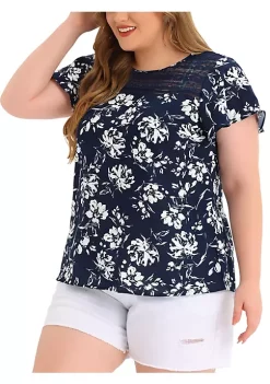 Agnes Orinda Plus Size Top for Women Flared Sleeve Floral Print Lace Panel Casual Blouses Tops -Agnes Orinda Store Belk 1023