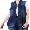 Agnes Orinda Plus Size Jean Vest for Women Button Down Frayed Hem Cargo Pocket Trucker Denim Vest