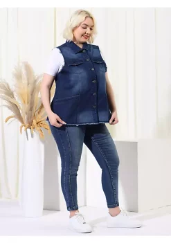 Agnes Orinda Plus Size Jean Vest for Women Button Down Frayed Hem Cargo Pocket Trucker Denim Vest -Agnes Orinda Store Belk 1027