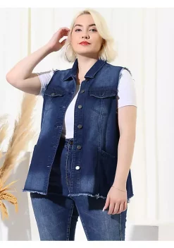 Agnes Orinda Plus Size Jean Vest for Women Button Down Frayed Hem Cargo Pocket Trucker Denim Vest -Agnes Orinda Store Belk 1028