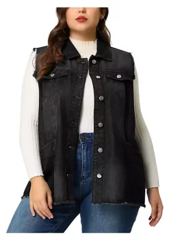 Agnes Orinda Plus Size Jean Vest for Women Button Down Frayed Hem Cargo Pocket Trucker Denim Vest -Agnes Orinda Store Belk 1030