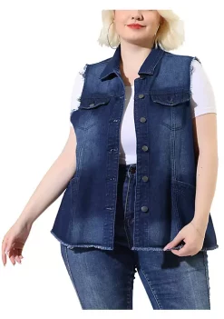 Agnes Orinda Plus Size Jean Vest for Women Button Down Frayed Hem Cargo Pocket Trucker Denim Vest -Agnes Orinda Store Belk 1033