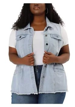 Agnes Orinda Plus Size Jean Vest for Women Button Down Frayed Hem Cargo Pocket Trucker Denim Vest -Agnes Orinda Store Belk 1034
