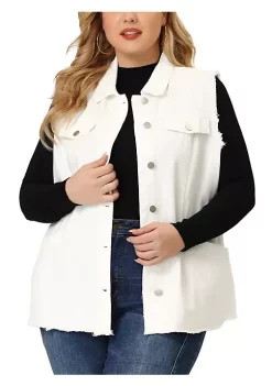 Agnes Orinda Plus Size Jean Vest for Women Button Down Frayed Hem Cargo Pocket Trucker Denim Vest -Agnes Orinda Store Belk 1035