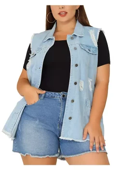 Agnes Orinda Plus Size Jean Vest for Women Button Down Frayed Hem Cargo Pocket Trucker Denim Vest -Agnes Orinda Store Belk 1036