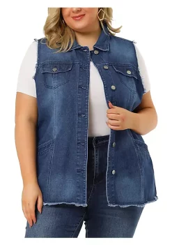Agnes Orinda Plus Size Jean Vest for Women Button Down Frayed Hem Cargo Pocket Trucker Denim Vest -Agnes Orinda Store Belk 1037