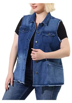 Agnes Orinda Plus Size Jean Vest for Women Button Down Frayed Hem Cargo Pocket Trucker Denim Vest -Agnes Orinda Store Belk 1038