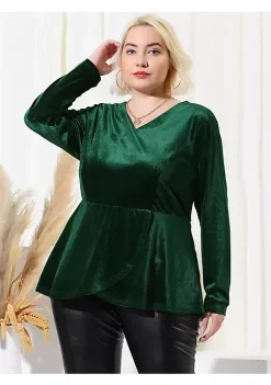 Agnes Orinda Plus Size Blouse for Women Velvet Velour Top, V Neck Long Sleeve Tops Peplum Blouse Christmas -Agnes Orinda Store Belk 1042