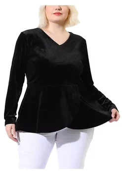Agnes Orinda Plus Size Blouse for Women Velvet Velour Top, V Neck Long Sleeve Tops Peplum Blouse Christmas -Agnes Orinda Store Belk 1044
