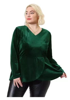 Agnes Orinda Plus Size Blouse for Women Velvet Velour Top, V Neck Long Sleeve Tops Peplum Blouse Christmas -Agnes Orinda Store Belk 1045