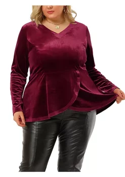 Agnes Orinda Plus Size Blouse for Women Velvet Velour Top, V Neck Long Sleeve Tops Peplum Blouse Christmas -Agnes Orinda Store Belk 1046