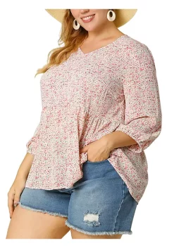 Agnes Orinda Women's Plus Size Floral Blouse V Neck 3/4 Sleeve Blouses Peplum Flowy Babydoll Tops