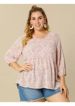 Agnes Orinda Women's Plus Size Floral Blouse V Neck 3/4 Sleeve Blouses Peplum Flowy Babydoll Tops -Agnes Orinda Store Belk 1062