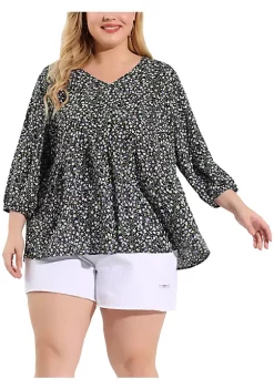 Agnes Orinda Women's Plus Size Floral Blouse V Neck 3/4 Sleeve Blouses Peplum Flowy Babydoll Tops -Agnes Orinda Store Belk 1064