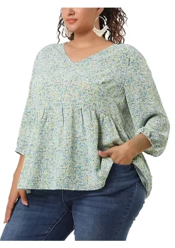 Agnes Orinda Women's Plus Size Floral Blouse V Neck 3/4 Sleeve Blouses Peplum Flowy Babydoll Tops -Agnes Orinda Store Belk 1065