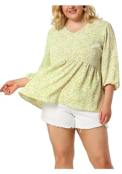 Agnes Orinda Women's Plus Size Floral Blouse V Neck 3/4 Sleeve Blouses Peplum Flowy Babydoll Tops -Agnes Orinda Store Belk 1067