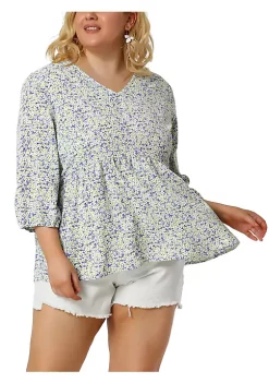 Agnes Orinda Women's Plus Size Floral Blouse V Neck 3/4 Sleeve Blouses Peplum Flowy Babydoll Tops -Agnes Orinda Store Belk 1071