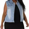 Agnes Orinda Women Plus Size Chest Pockets Single Breasted Denim Vest