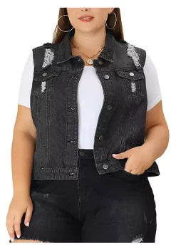 Agnes Orinda Women Plus Size Chest Pockets Single Breasted Denim Vest -Agnes Orinda Store Belk 1086