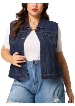 Agnes Orinda Women Plus Size Chest Pockets Single Breasted Denim Vest -Agnes Orinda Store Belk 1087