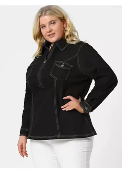 Agnes Orinda Women's Plus Size Jean Shirt Jackets, Zip Up Washed Denim Top -Agnes Orinda Store Belk 109