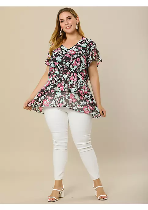 Agnes Orinda Plus Size Tops for Women Flare Sleeve Top, V Neck Floral Print Tiered Peplum Blouses 4 Agnes Orinda Plus Size Tops for Women Flare Sleeve Top, V Neck Floral Print Tiered Peplum Blouses - Image 2