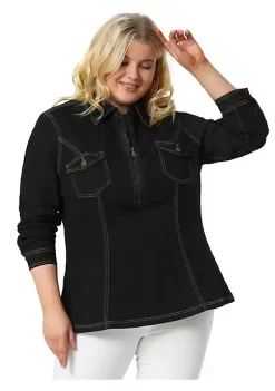 Agnes Orinda Women's Plus Size Jean Shirt Jackets, Zip Up Washed Denim Top -Agnes Orinda Store Belk 111