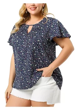 Agnes Orinda Women's Plus Size Chiffon Flared Ruffle Sleeve Keyhole Blouse Floral Top -Agnes Orinda Store Belk 1113