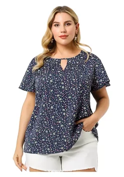 Agnes Orinda Women's Plus Size Chiffon Flared Ruffle Sleeve Keyhole Blouse Floral Top -Agnes Orinda Store Belk 1114