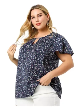 Agnes Orinda Women's Plus Size Chiffon Flared Ruffle Sleeve Keyhole Blouse Floral Top -Agnes Orinda Store Belk 1115