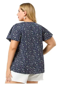 Agnes Orinda Women's Plus Size Chiffon Flared Ruffle Sleeve Keyhole Blouse Floral Top -Agnes Orinda Store Belk 1116