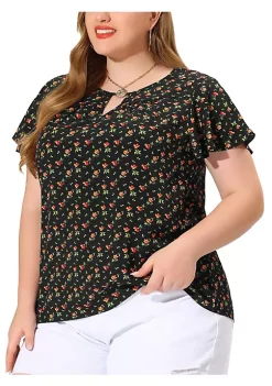 Agnes Orinda Women's Plus Size Chiffon Flared Ruffle Sleeve Keyhole Blouse Floral Top -Agnes Orinda Store Belk 1117