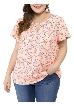 Agnes Orinda Women's Plus Size Chiffon Flared Ruffle Sleeve Keyhole Blouse Floral Top -Agnes Orinda Store Belk 1118