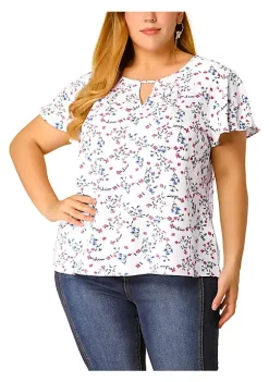 Agnes Orinda Women's Plus Size Chiffon Flared Ruffle Sleeve Keyhole Blouse Floral Top -Agnes Orinda Store Belk 1119
