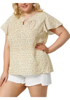 Agnes Orinda Women's Plus Size Chiffon Flared Ruffle Sleeve Keyhole Blouse Floral Top -Agnes Orinda Store Belk 1121