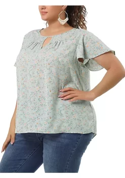 Agnes Orinda Women's Plus Size Chiffon Flared Ruffle Sleeve Keyhole Blouse Floral Top -Agnes Orinda Store Belk 1123