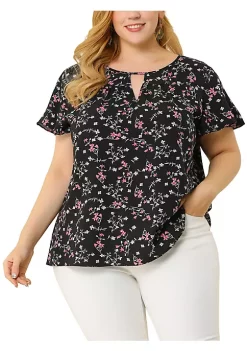 Agnes Orinda Women's Plus Size Chiffon Flared Ruffle Sleeve Keyhole Blouse Floral Top -Agnes Orinda Store Belk 1124