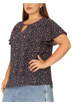 Agnes Orinda Women's Plus Size Chiffon Flared Ruffle Sleeve Keyhole Blouse Floral Top -Agnes Orinda Store Belk 1125