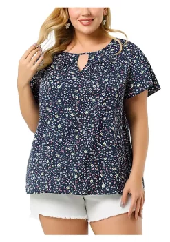 Agnes Orinda Women's Plus Size Chiffon Flared Ruffle Sleeve Keyhole Blouse Floral Top -Agnes Orinda Store Belk 1126