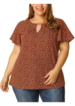 Agnes Orinda Women's Plus Size Chiffon Flared Ruffle Sleeve Keyhole Blouse Floral Top -Agnes Orinda Store Belk 1127